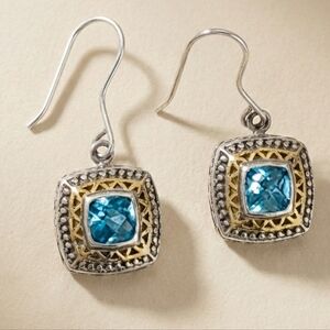Artisan 14K Gold & Sterling Silver Checkerboard Blue Topaz Earrings